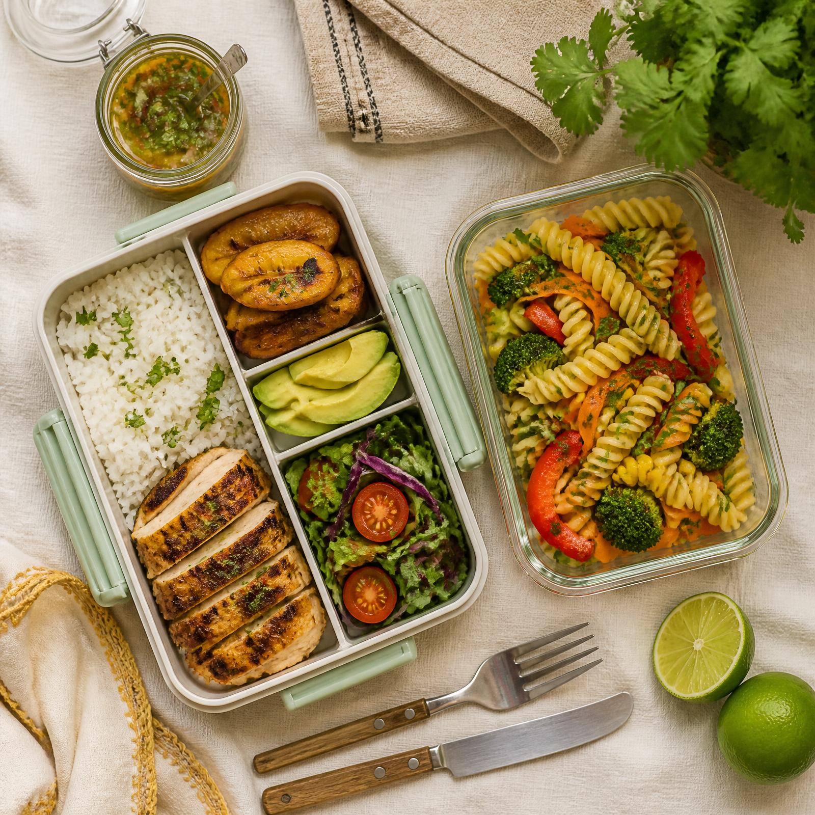 Coca lista con arroz, pollo, ensalada y pasta en recipientes de meal prep